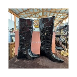 Smash Black Patent Leather Women's knee high wedge Boots size 12